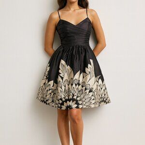 Y2K Whimsigoth Adrianna Papell Dress Womens 10 Black White Silk Floral Fit Flare